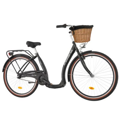 Rower miejski INDIANA Moena S3B 28 cali Czarny + Koszyk wiklinowy na rower VÖGEL VKS-502 Stylowy + Wkład do koszyka VÖGEL VKSC705K Czarny
