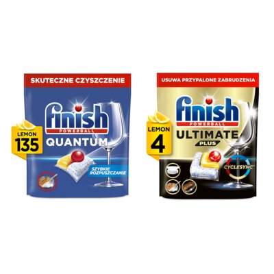 Kapsułki do zmywarek FINISH Powerball Quantum Lemon - 135 szt. + Kapsułki do zmywarek FINISH Powerball Ultimate Plus All In 1 Lemon - 4 szt.