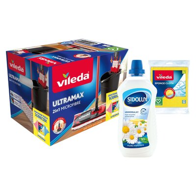 Mop płaski VILEDA Ultramax box + Pucerka (3 sztuki) + Płyn do mycia podłóg SIDOLUX Mydło Marsylskie 1000 ml