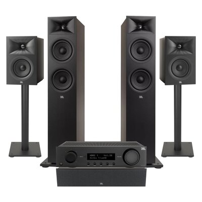 Amplituner JBL MA310 Czarny + Kolumny głośnikowe JBL Stage 2 260F Czarny (2 szt.) + Kolumna głośnikowa JBL Stage 2 240 B Czarny (2 szt.) + Głośnik centralny JBL Stage 2 245C Czarny (1 szt.) + Stojaki do głośników JBL Stage FS Czarny (2 szt.)