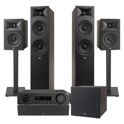 Amplituner JBL MA510 + Kolumny głośnikowe JBL Stage 2 260F (2 szt.) + Kolumna głośnikowa JBL Stage 2 240 B (2 szt.) + Głośnik centralny JBL Stage 2 245C (1 szt.) + Subwoofer JBL Stage 2 200 P + Stojaki do głośników JBL Stage FS (2 szt.) Czarny