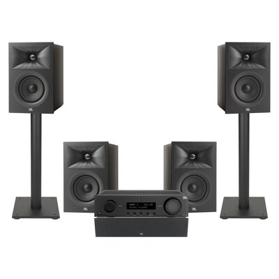 Amplituner JBL MA510 Czarny + Kolumna głośnikowa JBL Stage 2 240 B Czarny (4 szt.) + Głośnik centralny JBL Stage 2 245C Czarny (1 szt.) + Stojaki do głośników JBL Stage FS Czarny (2 szt.)