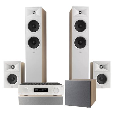 Amplituner JBL MA510 Biały + Kolumny głośnikowe JBL Stage 2 260F Biały (2 szt.) + Kolumna głośnikowa JBL Stage 2 240 B Biały (2 szt.) + Głośnik centralny JBL Stage 2 245C Biały (1 szt.) + Subwoofer JBL Stage 2 200 P Biały