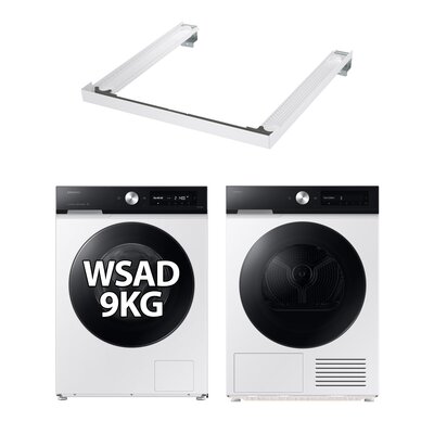 Pralka SAMSUNG BESPOKE WW90DB7U94GEU4 9kg 1400 obr EcoBubble Autodozowanie + Suszarka SAMSUNG BESPOKE AI DV90DB7845GEU4 z pompą ciepła + Łącznik SAMSUNG SKK-SSW Biały