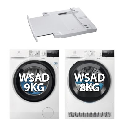 Pralka ELECTROLUX MEW2E9X6P SensiCare 600 9kg 1200 obr + Suszarka ELECTROLUX MEWD2E8C6P Absolute Care 600 + Łącznik do pralek i suszarek AEG A1WYHSK2 z wysuwaną półką