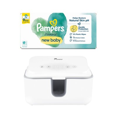 Podgrzewacz do nawilżanych chusteczek 2w1 MOMINI - WarmWipes + Chusteczki nawilżane PAMPERS Harmonie New Baby (414 szt.)