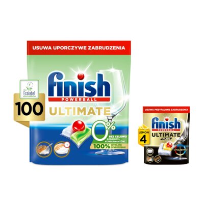 Kapsułki do zmywarki FINISH Ultimate 0% - 100 szt. + Kapsułki do zmywarek FINISH Powerball Ultimate Plus All In 1 Lemon - 4 szt.