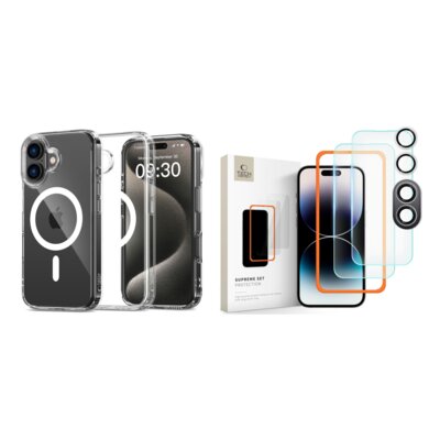 Etui TECH-PROTECT Flexair Hybrid MagSafe do Apple iPhone 16 Przezroczysty + Szkło hartowane TECH-PROTECT Supreme Set do Apple iPhone 16 Przezroczysty