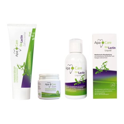 Pasta do zębów APACARE Ora Lactin 75 ml + Guma do żucia APACARE Apa Gum (45 szt.) + Płyn do płukania jamy ustnej APACARE ApaCare 200 ml