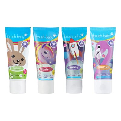 Zestaw past do zębów BRUSH-BABY Applemint 50 ml + Unicorn Strawberry 50 ml + Blueberry 50 ml + Flaming 50 ml