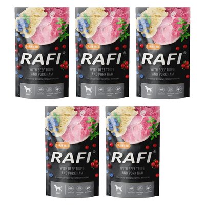 Karma dla psa RAFI z żołądkami wołowymi, szynką wieprzową z borówką i żurawiną 5 x 500 g