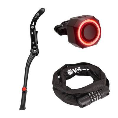 Zapięcie rowerowe VÖGEL VZP-42431BC Łańcuch Czarny + Stopka do roweru VÖGEL VPD-220 + Lampka rowerowa VÖGEL BL950