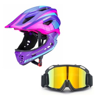 Kask rowerowy ROCKBROS TT-32SBPP-M Fioletowo-różowy dla Dzieci (rozmiar M) + Gogle XRIDER XRRG001 Uniwersalne