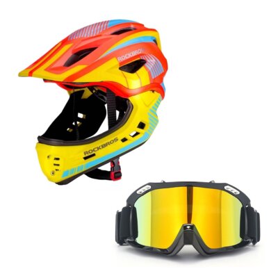 Kask rowerowy ROCKBROS TT-32SOYB-M Żółto-pomarańczowy dla Dzieci (rozmiar M) + Gogle XRIDER XRRG001 Uniwersalne
