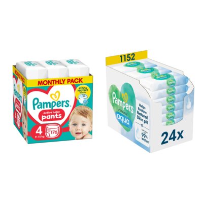 Pieluchomajtki PAMPERS Pants 4 (176 szt.) + Chusteczki nawilżane PAMPERS Harmonie Aqua (1152 szt.)