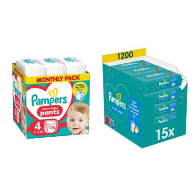 Pieluchomajtki PAMPERS Pants 4 (176 szt.) + Chusteczki nawilżane PAMPERS Fresh Clean (1200 szt.)