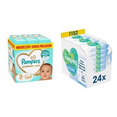 Pieluchy PAMPERS Premium Care Monthly Box 3 Midi (200 szt.) + Chusteczki nawilżane PAMPERS Harmonie Aqua (1152 szt.)