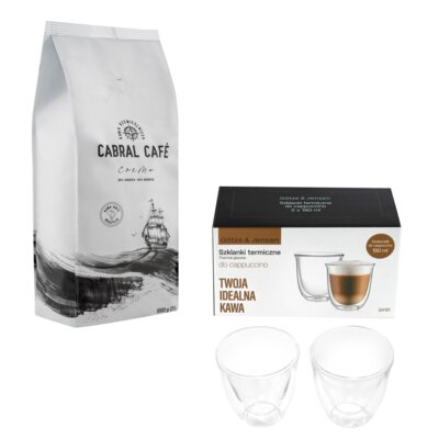Kawa ziarnista CABRAL CAFE Crema 1 kg (Rzemieślnicza) + Zestaw szklanek GÖTZE & JENSEN GA191 (2 sztuki)