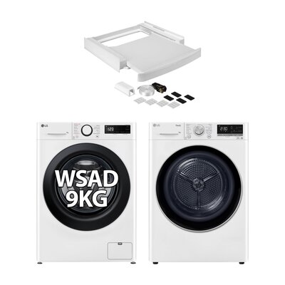 Pralka LG MF4W90506W 9kg 1400rpm AI DD SteamSpa + Suszarka LG MRC90V9AV3N Z pompą ciepła 9kg Klasa energetyczna C Auto Cleaning Condenser Smart ThinQ + Łącznik uniwersalny WPRO SKS101 z wysuwaną półką