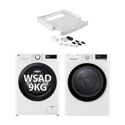 Pralka LG MF4W90506W 9kg 1400rpm AI DD SteamSpa + Suszarka LG RC80V5AV5N 8kg Klasa energetyczna D Auto Cleaning Condenser Smart ThinQ + Łącznik uniwersalny WPRO SKS101 z wysuwaną półką
