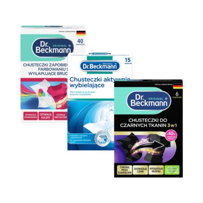 Chusteczki do prania DR BECKMANN 3w1 wyłapujące kolor i brud (40 sztuk) + Chusteczki do prania DR BECKMANN Aktywnie wybielające (15 sztuk) + Chusteczki do prania DR BECKMANN przywracające czerń (6 sztuk)
