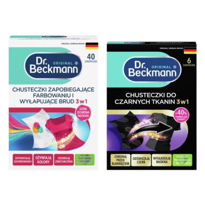 Chusteczki do prania DR BECKMANN 3w1 wyłapujące kolor i brud (40 sztuk) + Chusteczki do prania DR BECKMANN przywracające czerń (6 sztuk)