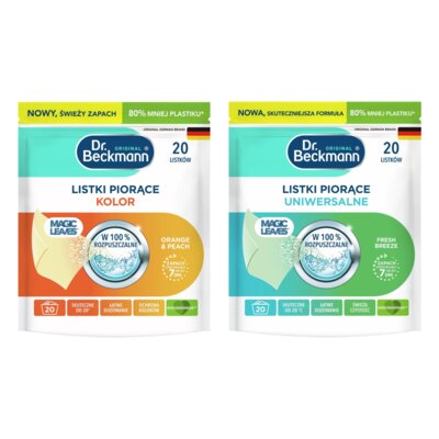 Listki piorące DR BECKMANN Magic Leaves Orange&Peach (20 sztuk) + Listki do prania DR BECKMANN Magic Leaves Uniwersalne (20 sztuk)