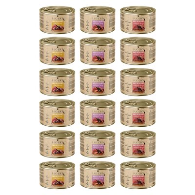 LUGER'S mix smaków karm dla kota Daily Pleasures z sercami z kaczki, Wołowina z Krewetkami, Wołowina i Serca z kurczaka 18 x 185 g