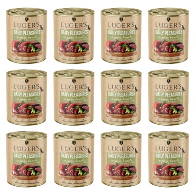 Karma dla psa LUGER'S Daily Pleasures z sercami gęsi, brokułami i zielonym groszkiem 12 x 800 g