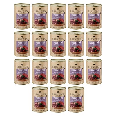 Karma dla psa LUGER'S Puppy's Time z wątróbką z królika, szpinakiem i żurawiną 18 x 400 g
