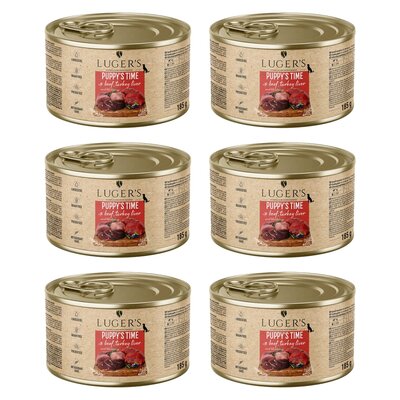 Karma dla psa LUGER'S Puppy's Time z wołowiną, wątróbką z indyka i borówką 6 x 185 g