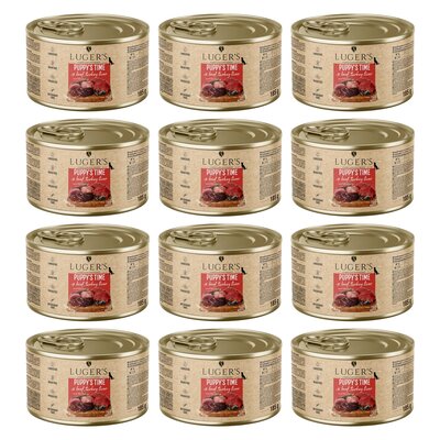 Karma dla psa LUGER'S Puppy's Time z wołowiną, wątróbką z indyka i borówką 12 x 185 g