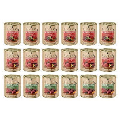 LUGER'S mix smaków karm dla psa Silver's Daily Bites z wołowiną, marchewką i brokułem, Daily Pleasures z wołowiną i ziemniakami, Daily Pleasures z dzikiem i dynią 18 x 800 g