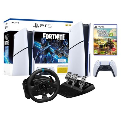 Konsola SONY PlayStation 5 Slim Fortnite Cobalt - Zestaw Startowy + Farming Simulator 25 Gra PS5 + Kierownica LOGITECH G923 PC/PS4