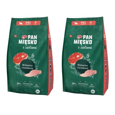 Karma dla psa PAN MIĘSKO Wołowina z królikiem i ziołami M 2 x 20 kg