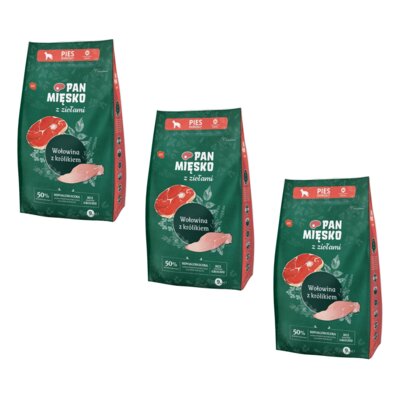 Karma dla psa PAN MIĘSKO Ziołowa wołowina z królikiem M 3 x 9 kg