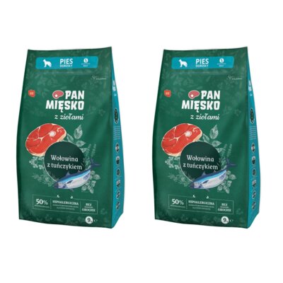 Karma dla psa PAN MIĘSKO Wołowina z tuńczykiem i ziołami S 2 x 9 kg