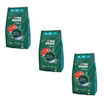 Karma dla psa PAN MIĘSKO Wołowina z tuńczykiem i ziołami S 3 x 9 kg