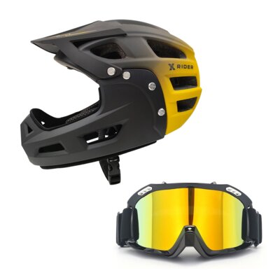 Kask XRIDER XR00FH01 Czarno-żółty Full Face MTB z odkręcaną szczęką (rozmiar L) + Gogle XRIDER XRRG001 Uniwersalne