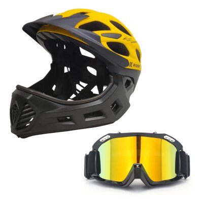 Kask XRIDER XR00KFH01 Czarno-żółty Full Face z odpinaną szczęką (rozmiar S) + Gogle XRIDER XRRG001 Uniwersalne