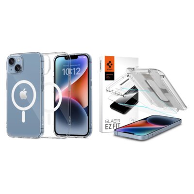 Etui TECH-PROTECT Flexair MagSafe do Apple iPhone 13/14 Przezroczysty + Szkło hartowane SPIGEN EZ FIT 2-Pack do Apple iPhone 13/13 Pro/14/16e/17e + ramka instalacyjna