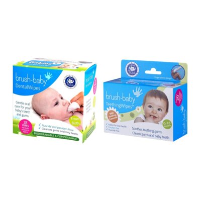 Chusteczki do higieny zębów i dziąseł BRUSH-BABY (0-16 m-cy) 28 szt. + Gaziki higieniczne BRUSH-BABY (0-16 m-cy) 20 szt.