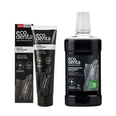 Pasta do zębów ECODENTA Black Line 100 ml + Płyn do płukania jamy ustnej ECODENTA Black Extra Whitening 500 ml