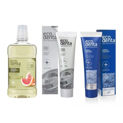 Płyn do płukania jamy ustnej ECODENTA Expert line Refresh & Protect 500 ml + Pasta do zębów ECODENTA Expert Line Potrójny efekt 100 ml + Pasta do zębów ECODENTA Expert Line Caries Fighting 100 ml