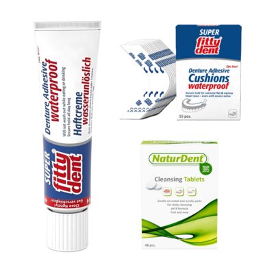Klej do protez FITTYDENT 40g + Podkładki pod protezę zębową FITTYDENT Cushions (15 szt.) + Tabletki do czyszczenia Protez FITTYDENT Naturdent dla vegan (48 szt.)