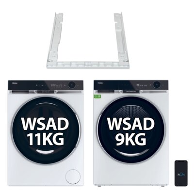 Pralka HAIER X11 HW110-BD14397U1S AI 11kg 1400 obr + Suszarka HAIER X11 HD90-BQ397U1-S z pompą ciepła 9 kg I-Refresh Pro Ultra Reverse Drum hOn Woolmark Green + Łącznik do pralek i suszarek HAIER HASTKXSE Biały X Series