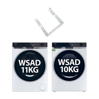 Pralka HAIER HW110-BD14397U1S AI 11kg 1400 obr + Suszarka HAIER HD100-A3Q397U1-S z pompą ciepła + Łącznik HAIER HASTKXSE Biały