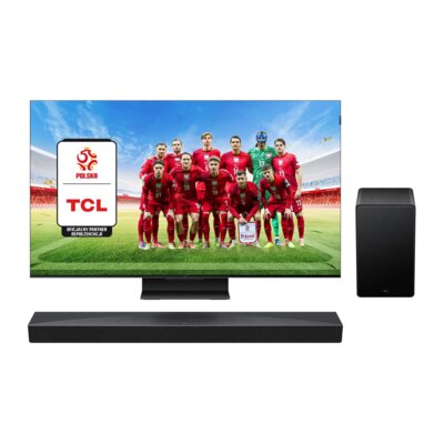 Telewizor TCL 65C7K 65" QD-Mini LED 4K 144Hz Google TV Dolby Vision IQ Dolby Atmos HDMI 2.1 + Soundbar TCL Q65H Czarny 5.1-kanałowy, Bezprzewodowy Subwoofer, 4K HDR, HDMI eARC, BT, Dolby Atmos, DTS:X