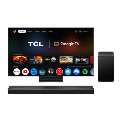 Telewizor TCL 65C7K 65" QD-Mini LED 4K 144Hz Google TV Dolby Vision IQ Dolby Atmos HDMI 2.1 + Soundbar TCL Q65H Czarny 5.1-kanałowy, Bezprzewodowy Subwoofer, 4K HDR, HDMI eARC, BT, Dolby Atmos, DTS:X