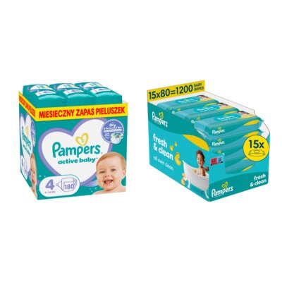 Pieluchy PAMPERS Active Baby Monthly Box 4 Maxi (180 szt.) + Chusteczki nawilżane PAMPERS Fresh Clean (1200 szt.)